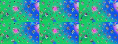 Modern çiçek arkaplanı. Moda baskıları için zarif bir şablon. Parlak renkli çiçekleri ve yeşil ve mavi renkli yaprakları olan harika bir çiçek deseni. Halk stili.