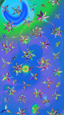 Çiçek desenli çizim. Asya tekstil tarzında. Mavi ve mor renkli çiçekler. Raster illüstrasyonu. Raster illüstrasyonu.