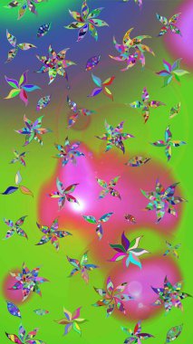 Parlak renkli fantezi çiçekleri, yapraklar yeşil ve pembe renkli tomurcuklar yeşil ve pembe. Suluboya el çizimi elementli çiçek çizimi deseni.