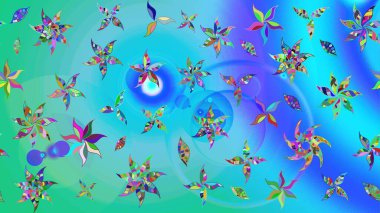 Yumuşak, bahar çiçekleri mavi ve yeşil renklerde. Raster illüstrasyonu. Çiçek ve yapraklı karalama şeklinde Raster çiçek deseni.