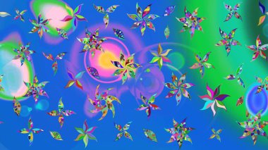 Parlak çiçekli kolaj çiçekleri mavi ve yeşil. Çiçekli zambakların eskiz geçmişi. Çiçek tasarımı için inanılmaz kolaj cennet tarzı..