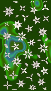 Raster illüstrasyonundaki çiçek desenli çizim. Çiçekler suluboya tarzında yeşil ve nötr renklerde.