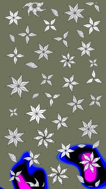 El çizimi. Raster illüstrasyonu. Çiçekli, yapraklı, çiçek desenli çizim..