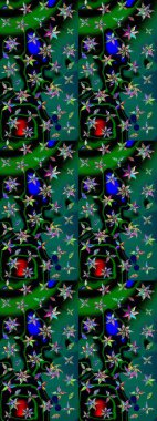 Raster illüstrasyonundaki çiçek desenli çizim. Suluboya tarzında yeşil ve siyah renkte çiçekler.