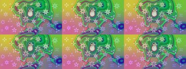 Hediye ambalaj kağıdı, tebrik kartları, posterler ve pankart tasarımı. Yeşil ve pembe renkli çiçekler. Raster düz çiçek çizim deseni.