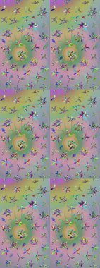 Raster illüstrasyonu. Tarafsız ve yeşil renklerde Asya tekstili. Çiçek desenini çiz.