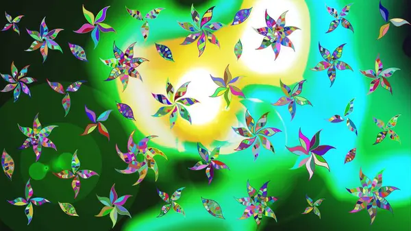 Raster illüstrasyonu. Yeşil ve mavi renkte çiçekler. Çiçek süslemeli çizim deseni.