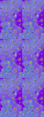 Mor ve mavi renkli menekşe ve mavi papatya deseni. Raster illüstrasyonu. Mor ve mavi renklerde.