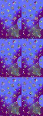 Çiçek süslemeli çizim deseni. Mor ve mavi renkte çiçekler. Raster illüstrasyonu.