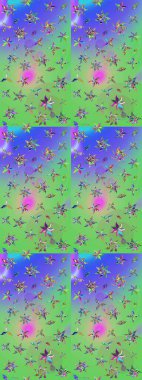 Elle boyanmış suluboya resim çizimleri, çiçekler ve bitkiler. Yeşil ve mor renkte çiçekler.