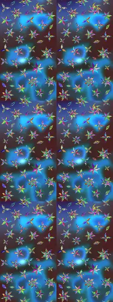 Çiçekler. Soyut etnik raster çizim kalıbı. Vadinin çiçekleri mavi ve kahverengi renklerde.