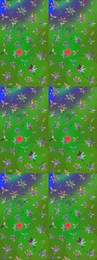 Moda baskıları için zarif bir şablon. Halk tarzı. Modern çiçek arkaplanı. Parlak renkli çiçekleri ve yeşil ve mavi renkte yaprakları olan muhteşem bir çiçek deseni..