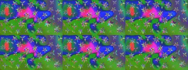 On green and blue colors. Raster illustration. A pattern of green and blue daisies on a green and blue colors.