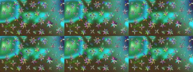 Suluboya çizim kalıbı. Çiçek izi. Suluboya tarzında yeşil ve mavi renkte çiçekler.