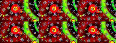 Raster illüstrasyonundaki çiçek desenli çizim. Kırmızı ve yeşil renkte çiçekler.