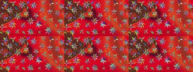 Çiçek desenli çizim. Raster illüstrasyonu. Asya tekstil tarzında. Kırmızı ve kahverengi renkte çiçekler. Renkli Bahar Teması eskiz kalıbı. Düz Çiçek Elementleri Tasarımı.