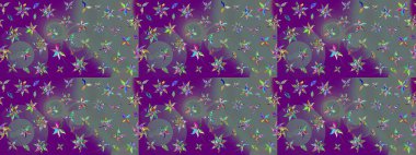 Çiçek deseni. Mor ve nötr renkler üzerine çiçek çizimi. Şatafatlı bahar bahçesi dokusu. Raster illüstrasyonu. Mor ve nötr renkte çiçekler.