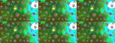 Ağaç dallı bahar çiçekli desen, çiçek siluetiyle yeşil ve mavi renkler. Raster deseni.