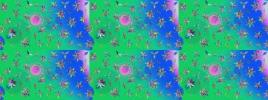 Nakış desenli çiçek deseni. Renkli grunge, koyu yeşil ve mavi çiçeklerle soyut bir arka plan oluşturur. İzler, kumaş, duvar kağıtları, tekstil için raster dokusu.