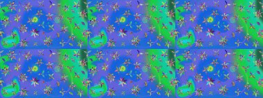 Raster illüstrasyonundaki çiçek desenli çizim. Suluboya tarzında mavi ve yeşil renkte çiçekler.