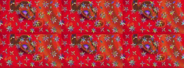 Raster düz çiçek çizim deseni. Hediye ambalaj kağıdı, tebrik kartları, posterler ve pankart tasarımı. Kırmızı ve kahverengi renkte çiçekler.