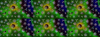 Çiçekli karalama şeklinde Raster çiçek deseni. Yumuşak, bahar çiçekleri yeşil ve siyah renklerde. Raster illüstrasyonu.