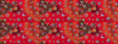 Çiçek desenli çizim. Raster illüstrasyonu. Asya tekstil tarzında. Kırmızı ve kahverengi renkte çiçekler. Renkli Bahar Teması eskiz kalıbı. Düz Çiçek Elementleri Tasarımı.