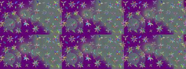 Çiçek deseni. Mor ve nötr renkler üzerine çiçek çizimi. Şatafatlı bahar bahçesi dokusu. Raster illüstrasyonu. Mor ve nötr renkte çiçekler.