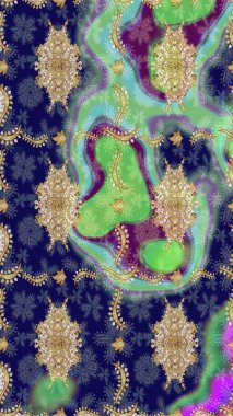 Altın elementlerle mavi renklerde altın desen. Geleneksel klasik altın desen. Raster oryantal süs. Barok tarzında eskiz doğulu süsü..