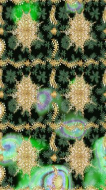 Paisley 'ler zarif çiçek desenli eskiz arka plan duvar kâğıdı çizimi klasik tarz, modern 3D çizgili sanat eseri altın ve yeşil desenli çiçek yaprakları ve süslemeleri..