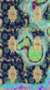 Mavi renklerdeki altın elementler. Barok tarzında eskiz oryantal süsü. Geleneksel klasik Raster altın çizim kalıbı.