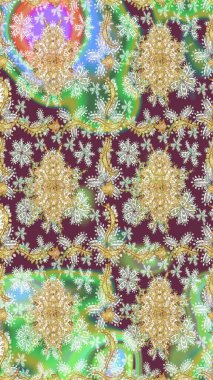 Raster illüstrasyonu. Klasik çiçek dokusu. Kart, duvar kağıdı, ambalaj ve tekstil için klasik tasarım. Eskiz kalıbı altın elementler. Altın şablon. Tarafsız renklerde Royal retro.