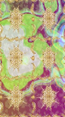 Süslü dekorasyon. Damask altın soyut çiçek deseni nötr renklerde. Raster illüstrasyonu.