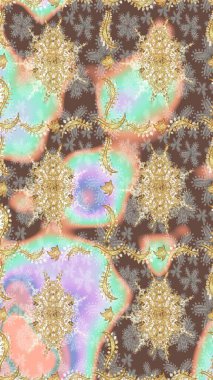 Raster altın çiçek süsü brokar kumaş ve cam desenli. Altın şablonu çiz. Altın elementli bej renkler. Çiçek desenli altın metal..