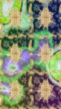 Skeç raster arka planı. Çiçek deseni. Yeşil renkte altın elementler. Duvar kâğıdı barok, İspanyol kumaşı. Şekil grafik deseni.