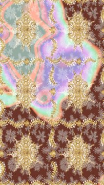 Barok tarzında altın çiçek süsü. Damask çizim kalıbı arka planı tekrarlıyor. Tarafsız renklerde altın element. Antika altın tekrarlanabilir duvar kağıdı.