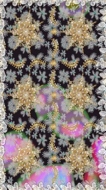 Barok tarzında altın çiçekli süs. Damask kusursuz yinelenen arkaplan. Doku arka planında altın duvar kâğıdı. Gri renklerdeki altın element.