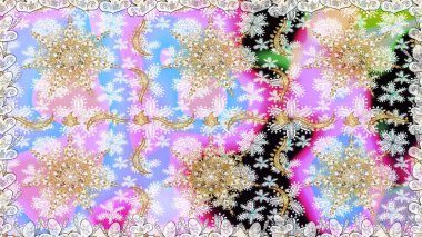 El yapımı dekoratif çerçeve, albüm kapağı, tebrik kartı, klasik Art deco tarzı. Raster soyut çiçek çelengi altın karalama fantezi yaprakları ve tarafsız renklerde çiçek.