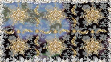 Gri renklerde ve altın elementlerle kusursuz klasik desen. Noel, kar tanesi, yeni yıl 2019.