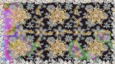 Kusursuz klasik raster altın desenli. Raster illüstrasyonu. Klasik klasik klasik arka plan. Gri renklerde, altın elementlerle kusursuz desen. Geleneksel oryantasyon süsü.