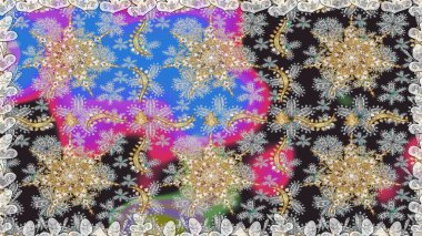 Süslü dekorasyon. Damask altın soyut çiçek gri renklerde pürüzsüz desen. Raster illüstrasyonu.