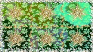 Geleneksel klasik altın desen. Altın elementlerle yeşil renklerde altın desen. Raster oryantal süs. Barok tarzında kusursuz bir doğulu süsü..