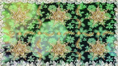 Noel, kar tanesi, yeni yıl. Yeşil renklerde ve altın elementlerle kusursuz klasik desen. Yeşil renklerdeki altın desenli altın elementler.