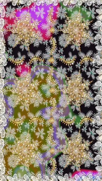 Gri renkler ve altın elementler üzerinde altın pürüzsüz desen. Kusursuz damaske klasik altın desen. Tekrarlayan elementlerle soyut arkaplan oluşturun. Raster illüstrasyonu.