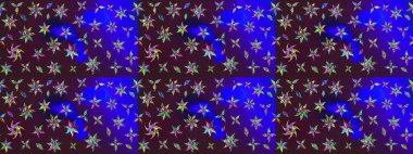 Kumaş, tekstil, duvar kağıdı baskısı için. Eski usul. Renkli desenli eskiz deseni, kahverengi ve mavi çiçekler ve dekoratif elementler. Eskiz geçmişi. Raster illüstrasyonu.