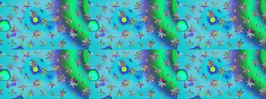 Mavi ve yeşil renkli çiçekler. Raster illüstrasyonu. Asya tekstil tarzında. Çiçek desenli çizim. Raster illüstrasyonu.