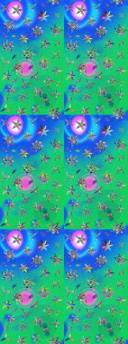 Sanat ilham verici ve mavi renkli çiçekler ve arkasında iz bırakıyor. Yeşil ve mavi el çizimi desen. Raster deseni. Karalama çiçekleri çizim deseni.