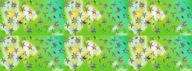 Yeşil ve nötr renklerde etnik çiçeklerle süslenmiş zarif bir eskiz. Asya Tekstil 'inde Raster Çiçek İllüstrasyonu.