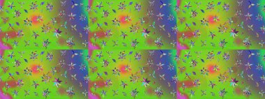 Küçük çiçekli basit bir çiçek çizimi. Moda baskısı, albüm, ambalaj kağıdı ve duvar kağıdı için zarif dekoratif süslemeler. Yeşil ve mor renkli şirin çiçekler. Raster illüstrasyonu.