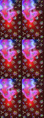 Patlayan çiçekler soyut olarak yerleştirilmiş. Raster deseni. Raster illüstrasyonu. Nazikçe, bahar çiçekleri kahverengi ve kırmızı renklerde.